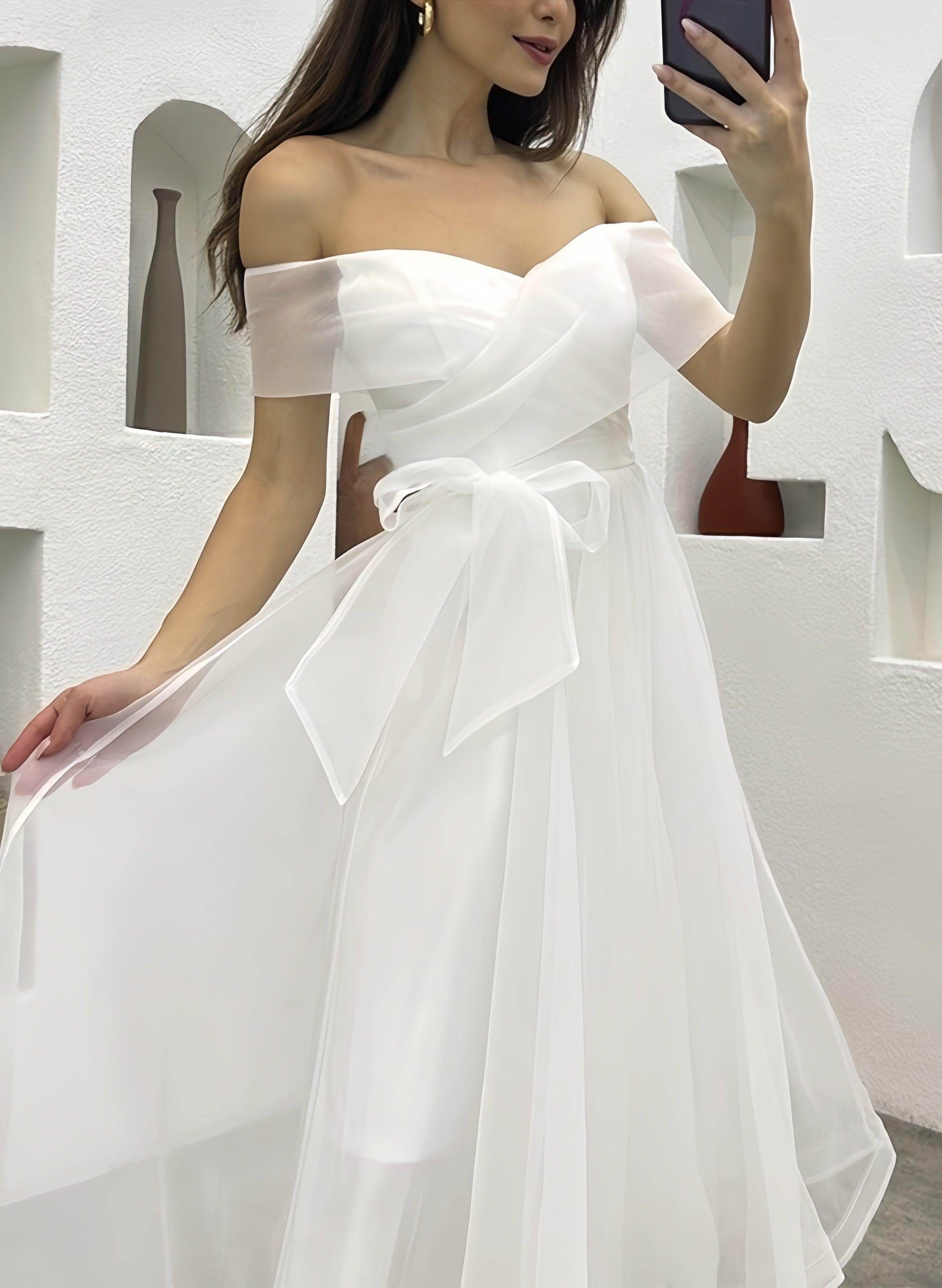 Off The Shoulder Tulle Tea-Length Little White Dress CW3380 - COCOMELODY